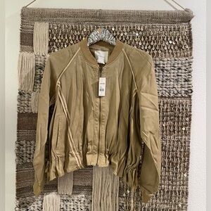 💛🤎 NWT Anthropologie tan khaki zip jacket gathered hem sz S 💛🤎